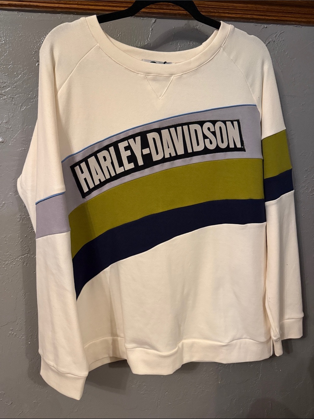 Harley-Davidson Cream Crewneck with Olive, Navy & Light Gray Stripes